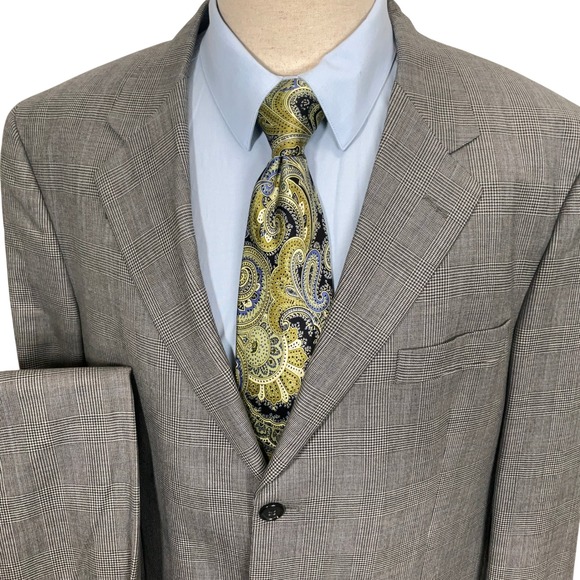 Jos A Bank Signature Suit Mens 44X 39W Gray Blue Glen Plaid Heritage 3 Button